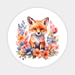 A red fox decorated with beautiful colorful flowers in a watercolor illustration Magnet